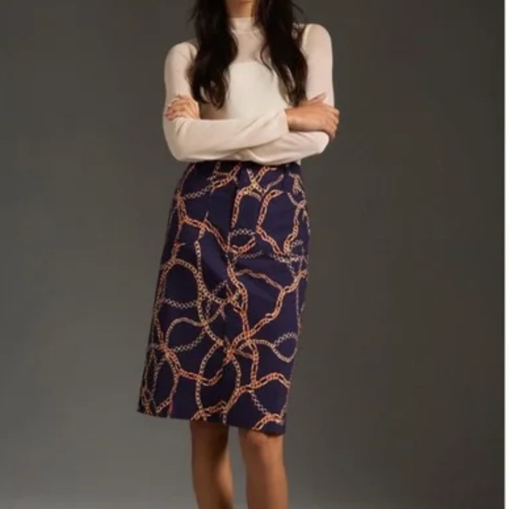 Maeve Navy and Gold Chain Print Midi Skirt
